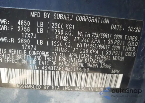 2021 Subaru Outback Premium z USA, uszkodzony, nr VIN 4S4BTAFC4M3118950